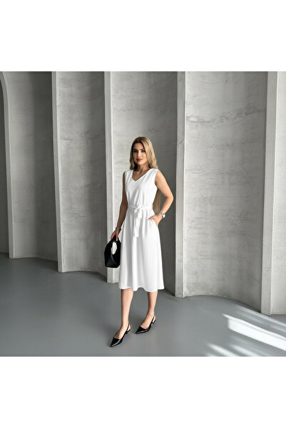 Bibedenstil Kadın kuşaklı diz altı V yaka rahat çilek kumaş nikah söz nişan m...