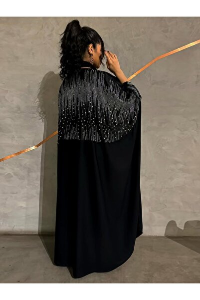 Noon Noora Elegant Black Open-Front Abaya - Rhinestone-Studded Islamic Cardig...