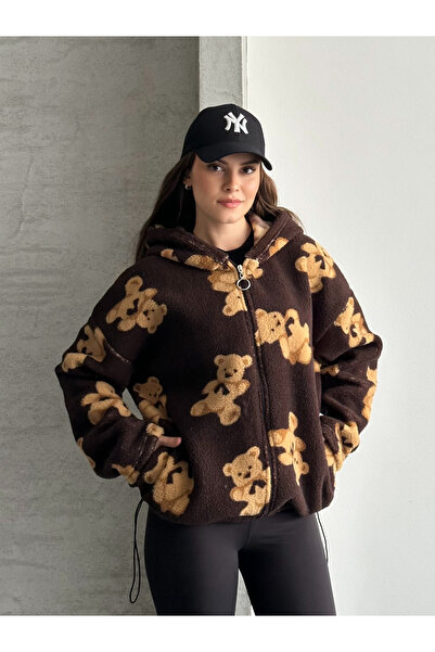 FERZOLAİO Teddy Bear Patterned Plush Hooded Brown Jacket