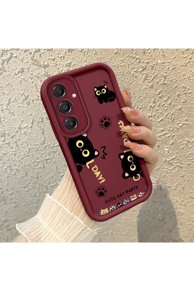 quırkshıeld Samsung Galaxy A16 Compatible Silicone Material Shockproof Burgundy Color Case Sweet Cat