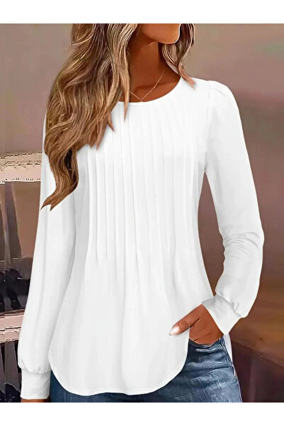 nedo7 Women's Long Sleeve Round Neck Ribbed Blouse