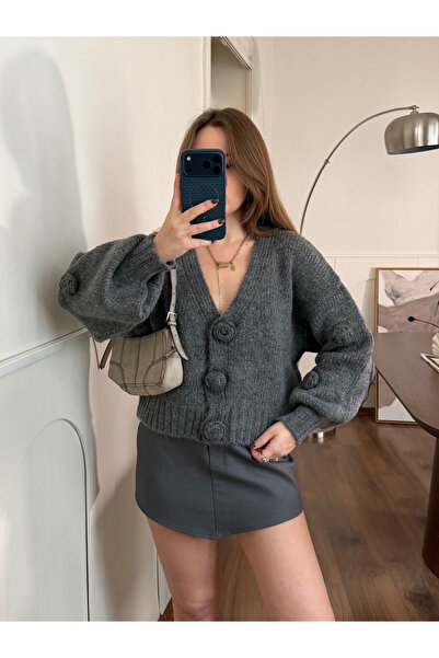 FERZOLAİO Gray Knit Cardigan with Embossed Detail and Buttons