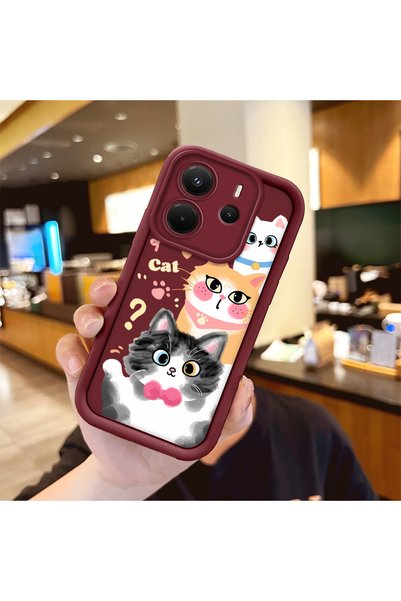 quırkshıeld Redmi Note 14 4g Compatible Silicone Material Shockproof Burgundy Color Case Sweet Cat