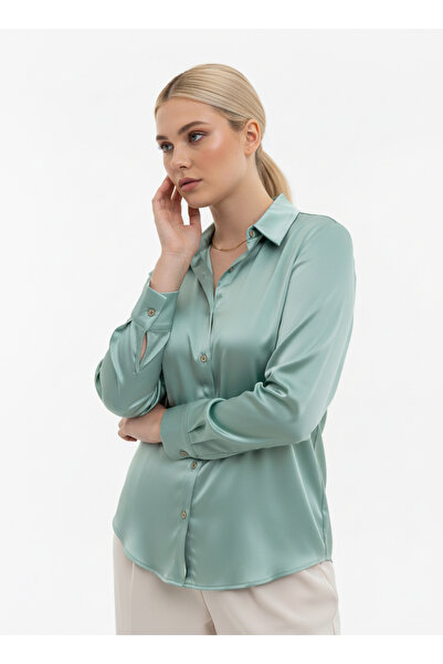 PERA MODA Büyük Beden İpek Saten Klasik Gömlek