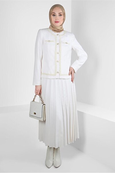 TRENDTESETTÜR KADIN KREM PİLİSELİ ETEKLİ TAKIM T 30405