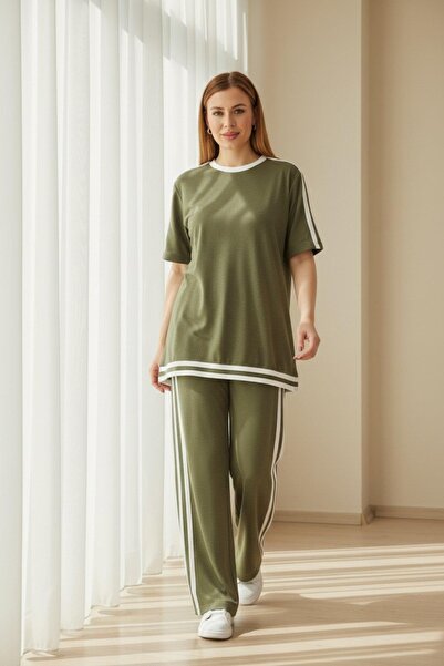 Mossta Relaxed Fit Side Striped Detail Two-Piece Set - Khaki