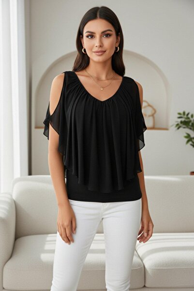 Mossta Bluză din șifon fluidă, cu umerii goi - Negru