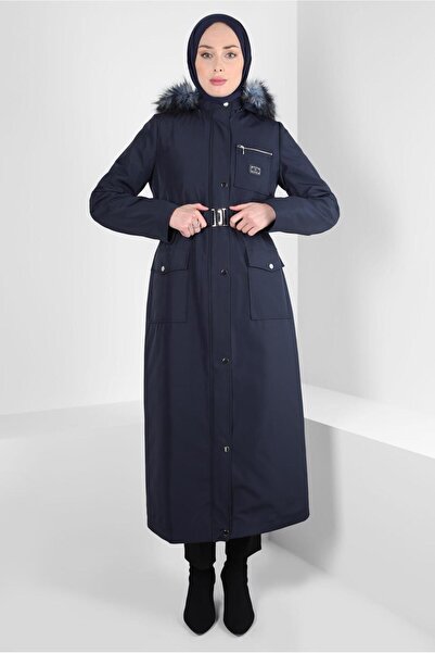 TRENDTESETTÜR Women's Navy Blue K Hooded Belted Parka t 90370