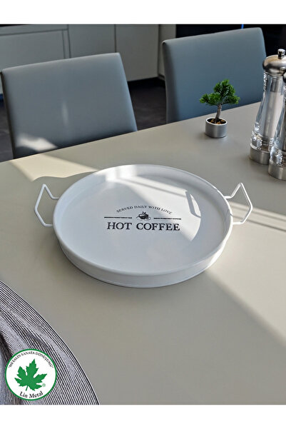 LİNMETAL Lilya 27 cm Metal Tepsi, Tel Kulplu Yuvarlak Çay Tepsisi, Sunum Teps...