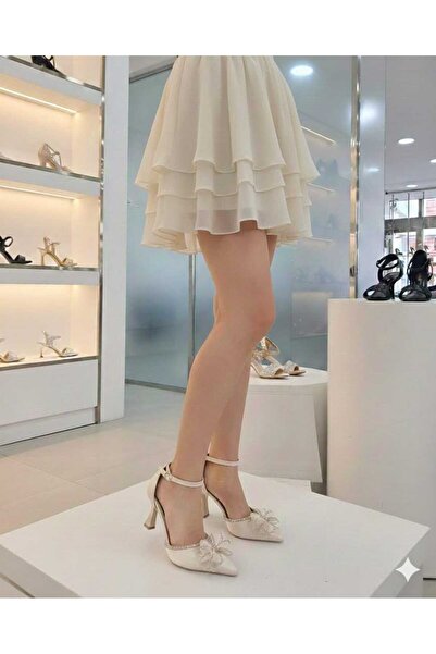 AYDOĞDU by ünal Bej Saten Stone Tulle Bow Stylish Evening Shoes 2111