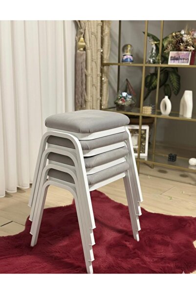 Gökçem Dekoratif Tabure 4 Adet Beyaz Ayak Açık Gri Silinebilir Kumaş Yeni Tre...