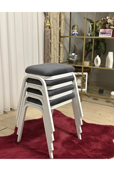 Gökçem Dekoratif Tabure 4 Adet Beyaz Ayak Antrasit Silinebilir Kumaş Yeni Tre...