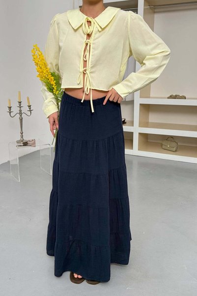 JEE LEE Women's Elastic Waist 100% Cotton Long Skirt Navy Blue - 5017