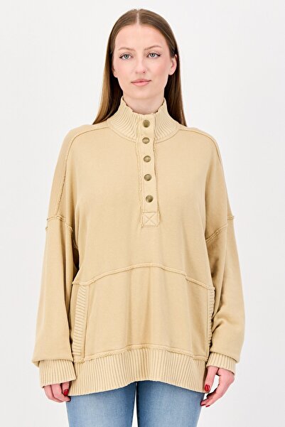 aerie سويت شيرت نسائي بأكمام طويلة ياقة مرتفعة متوسطة الطول عالية، لون بني فاتح