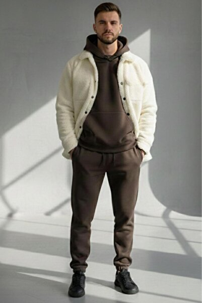 CAST COLLECTİON Men's Brown-White 3-Piece Hooded Sweat Tracksuit Bottom Plush...