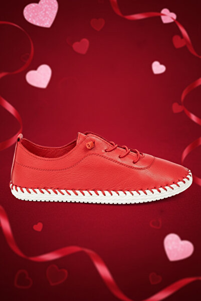 VİVENS MODA Women's Red Lacing and Stitching Detailed Genuine Leather Orthope...