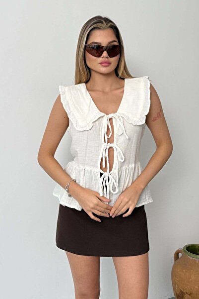 JEE LEE Women's Tie Detail 100% Cotton Blouse White - 26Y 1041