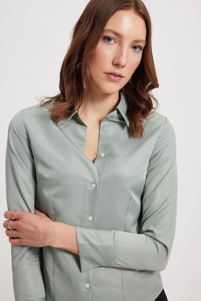 Tudors قميص نسائي قصة ضيقة ذو قصة ضيقة وياقة كلاسيكية وأكمام طويلة بلون النعناع