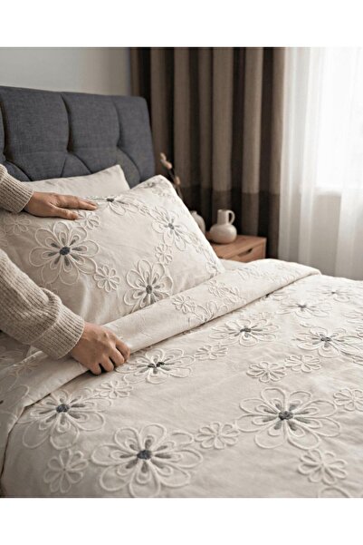 miar home perde tekstil Tek Kişilik Çiçek Desenli Gri Detaylı Yatak Örtüsü Se...