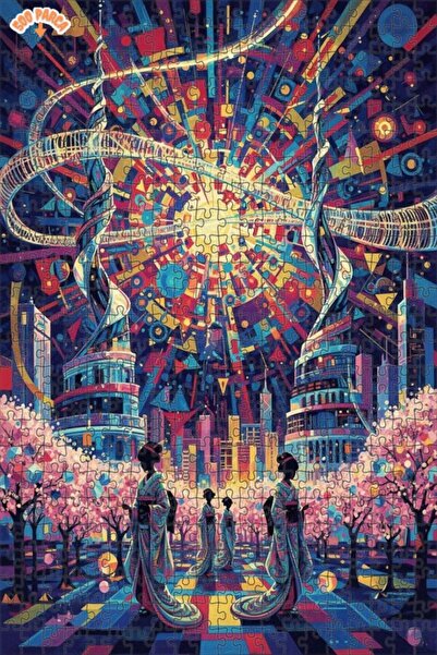 Teona Ahşap لغز خشبي بإطار ذو طابقين بمظهر لوحة زيتية لمدينة يابانية مستقبلية...