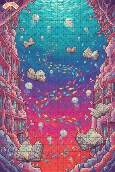 Teona Ahşap لغز خشبي مؤطر ذو طبقتين بتصميم مكتبة البحر السحرية بمظهر الطلاء ا...