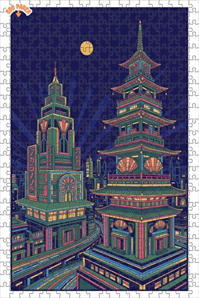 Teona Ahşap لغز خشبي بإطار ذو طابقين بمظهر لوحة زيتية مستوحاة من أضواء طوكيو ...