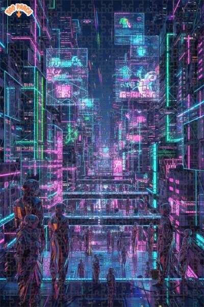 Teona Ahşap لغز خشبي بإطار ذو طابقين بمظهر لوحة زيتية لمدينة إلكترونية مستقبل...