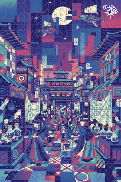 Teona Ahşap لغز خشبي مؤطر بطبقتين، بتصميم فني يشبه لوحة زيتية لسوق الشرق الغا...