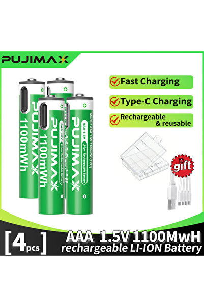 PUJIMAX 4 pcs rechargeable LI-ION batteries, compatible with TYPE-C data cabl...