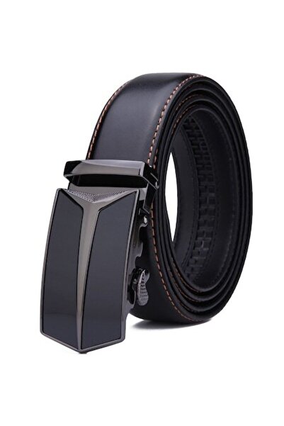 NELBONS Leather Belt with Automatic Closure, Width 3.5 cm, Black