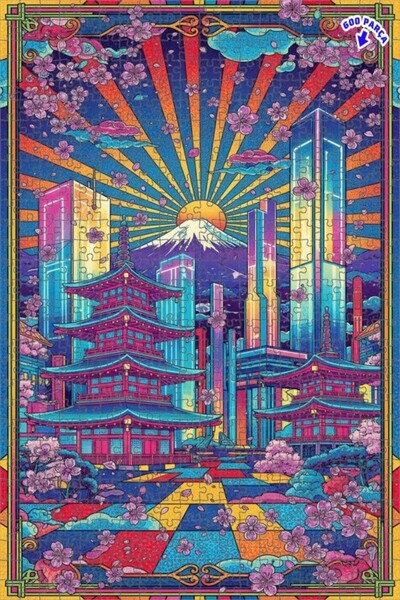 Teona Ahşap Japonya Gün Batımı Çiçekli Şehir Manzarası Yağlı Çift katlı Çerçe...