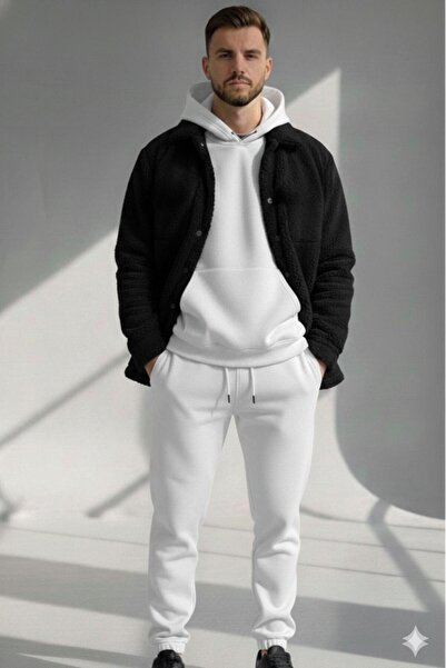 NO 601 Men's Buttoned Plush Hooded Sweat Tracksuit Set 3-Piece Set
