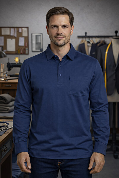 BayBayan Pulover din bumbac pieptănat cu guler tip cămașă și mânecă lungă