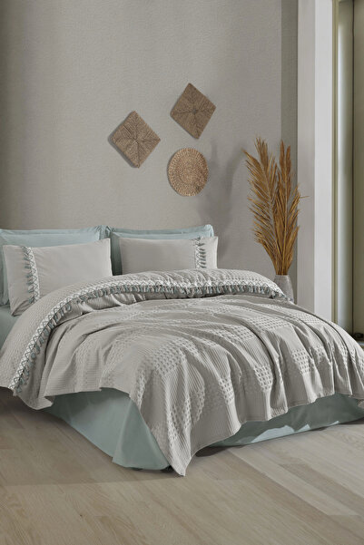 Clasy 100% βαμβακερό σετ μπουτίκ με διπλή φούντα πικέ Bohamline V10 ανοιχτό γκρι