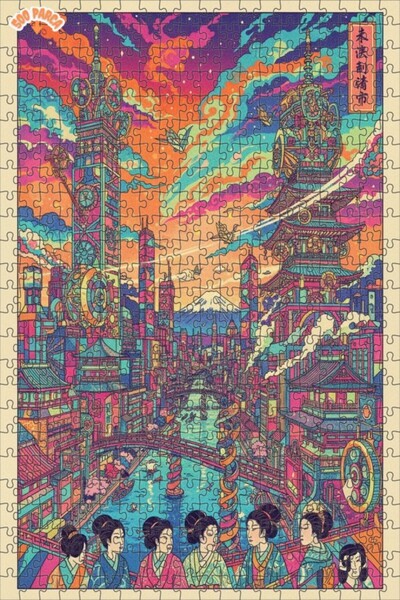 Teona Ahşap لغز خشبي بإطار ذو طابقين بمظهر لوحة زيتية لمدينة يابانية مستقبلية...