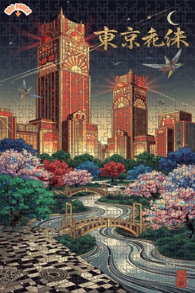 Teona Ahşap لغز خشبي مؤطر بطبقتين بتصميم آرت ديكو لمنظر طوكيو مع أزهار الكرز ...