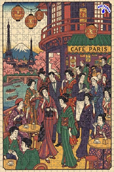 Teona Ahşap لوحة زيتية مستوحاة من الفن الياباني تصور مشهدًا في مقهى باريس، لو...