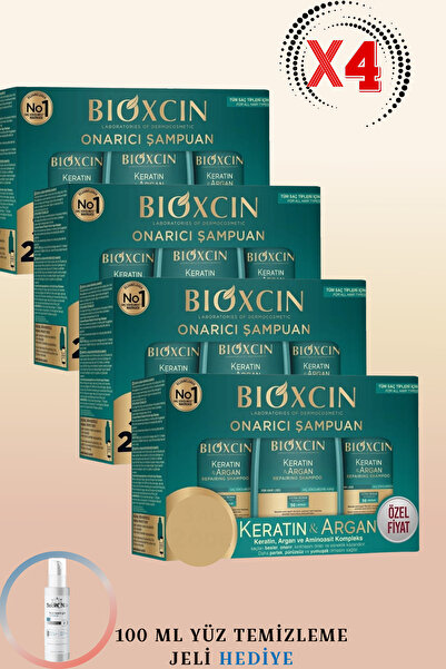 Bioxcin Keratin Argan Onarıcı Şampuan 300ml 3'lü Kutu 4 Adet + 100ml Yüz Temi...