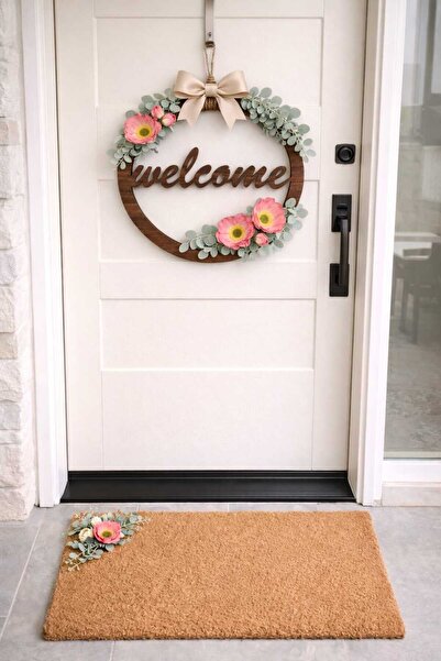 ecrella Yapay çiçek gelincik dalı okaliptus hoşgeldin kapı süsü paspas takımı...