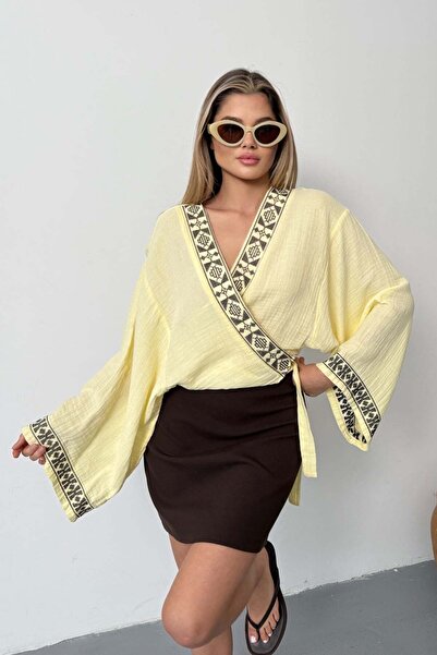 JEE LEE Women's Tie Detailed Embroidered 100% Cotton Kimono Yellow - 26Y 7014