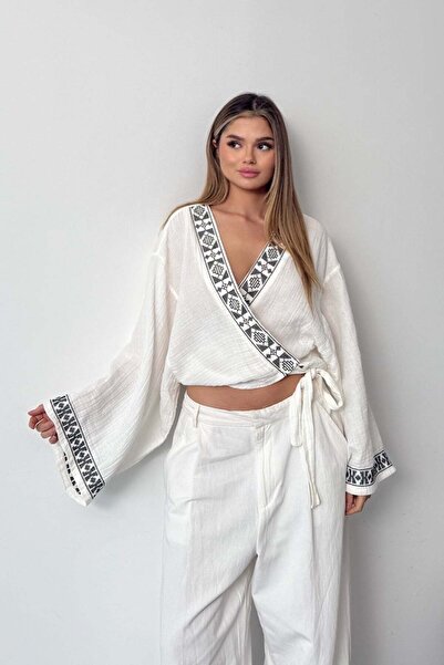 JEE LEE Women's Tie Detailed Embroidered 100% Cotton Kimono White - 26Y 7014