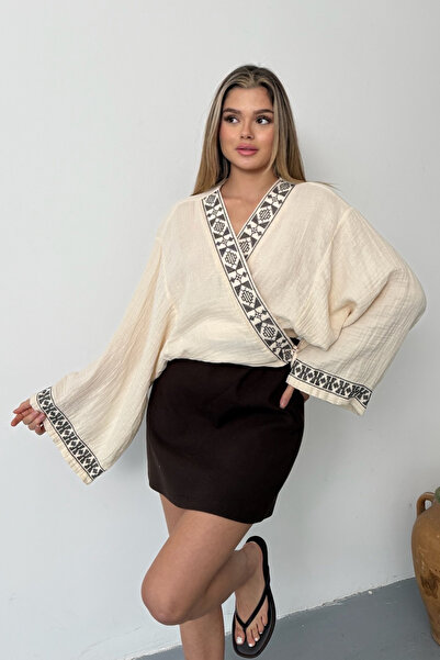 JEE LEE Women's Tie-Detailed Embroidered 100% Cotton Kimono Cream - 26Y 7014