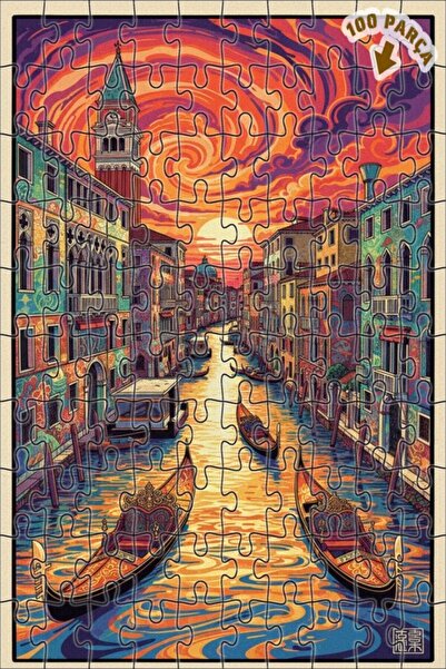 Teona Ahşap لوحة فنية لغروب الشمس في البندقية بمظهر لوحة زيتية، لغز خشبي بإطا...