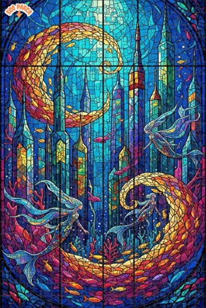 Teona Ahşap لغز خشبي مؤطر بطبقتين بتصميم فن الزجاج الملون لمدينة حورية البحر ...