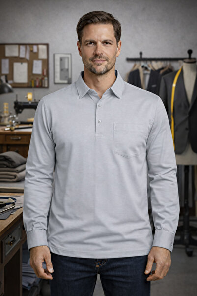 BayBayan Pulover din bumbac pieptănat cu guler tip cămașă și mânecă lungă