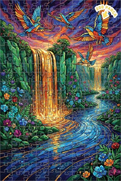 Teona Ahşap لغز خشبي بتصميم شلال الطيور السحرية مع زجاج ملون 200 قطعة 25×35