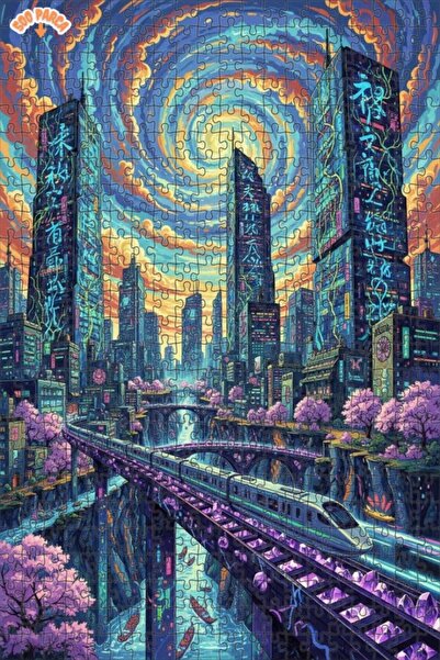 Teona Ahşap لغز خشبي بإطار ذو طابقين بمظهر لوحة زيتية لمدينة يابانية مستقبلية...