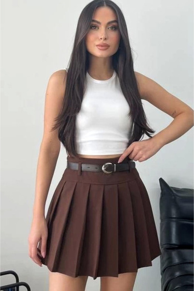 MissThetis Yüksek Beli Kemerli Pileli Piliseli İçi Astarlı Şortlu Mini Kısa B...