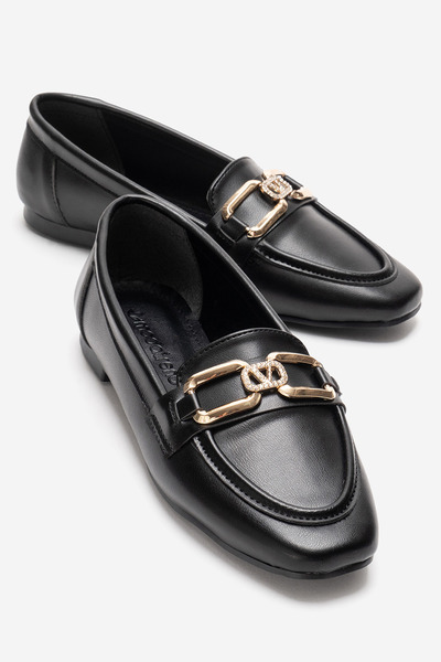CCWAY AYAKKABI Women's V Stone Buckle Loafer Shoes Black Skin
