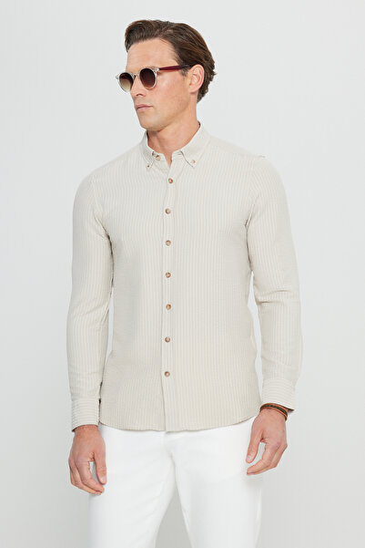 ALTINYILDIZ CLASSICS Men's Beige Slim Fit Slim Fit Buttoned Collar Dobby Seer...